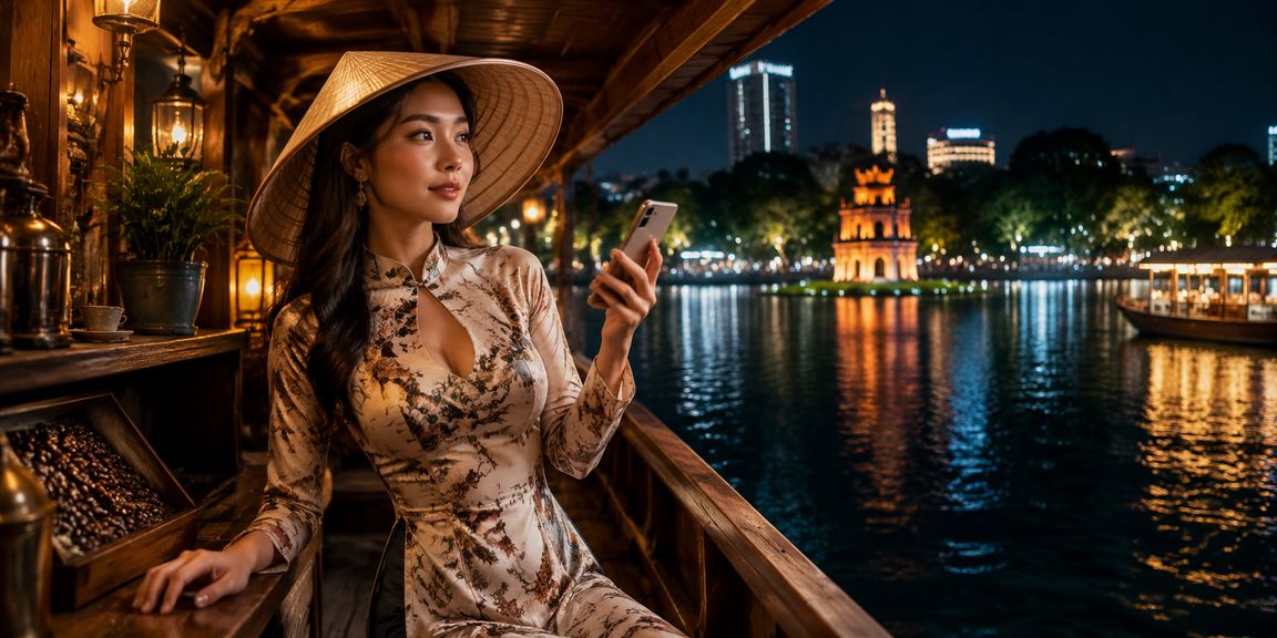 Người dùng Hà Nội đội nón lá chơi casino trên điện thoại di động, kết hợp nét truyền thống và công nghệ hiện đại